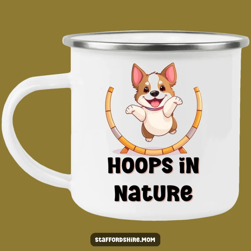 Funny Playful Staffy Camping Mug, Jumping Dog Cup, Energetic Outdoor Gift