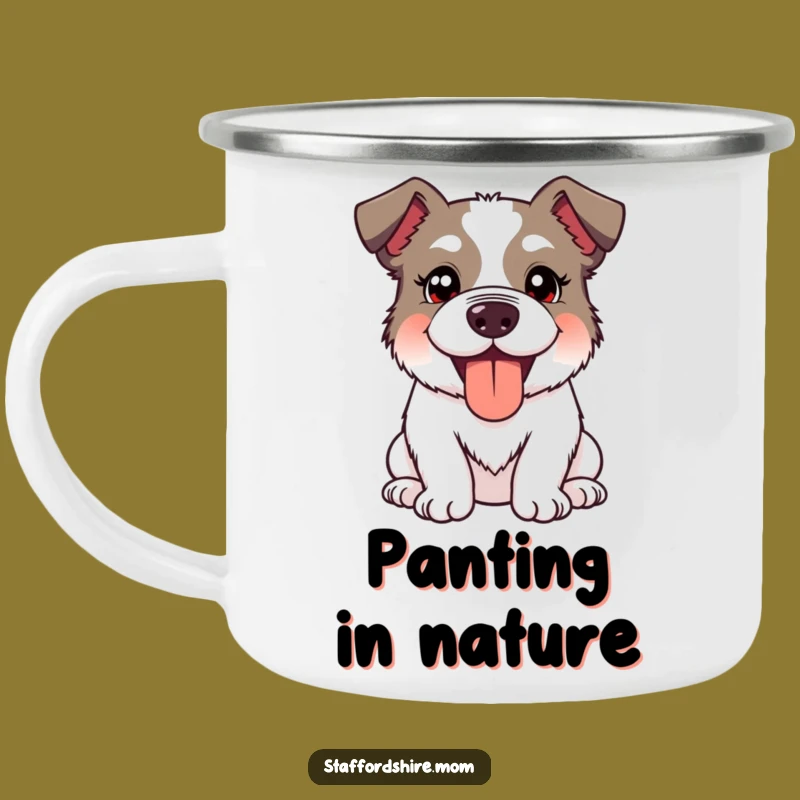 Funny Kawaii Staffordshire Dog Camping Mug: Silly Sips and Happy Panting Outdoors