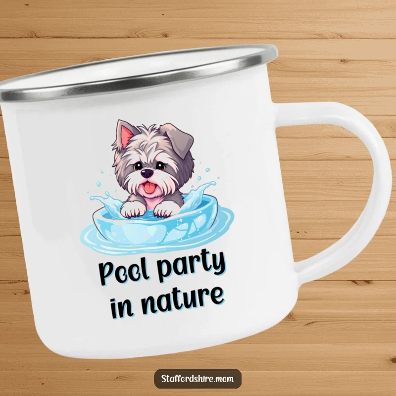 Funny Staffordshire camping mug, a dog splashes in a pool, bringing playful vibes to outdoor enjoyment.