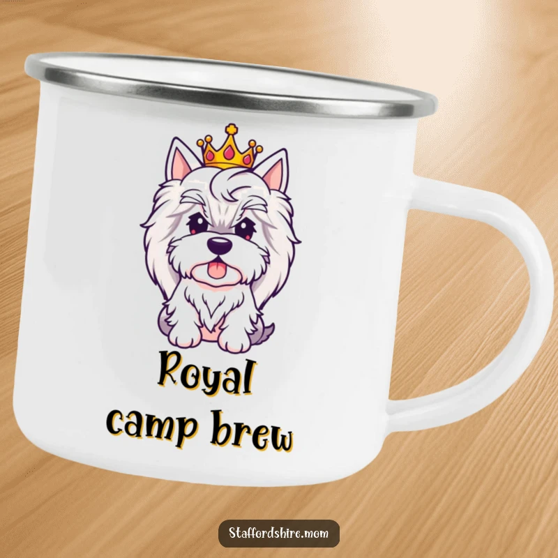 Funny Royal Staffy camping mug with a dog wearing a crown, ideal for regal outdoor enjoyment.
