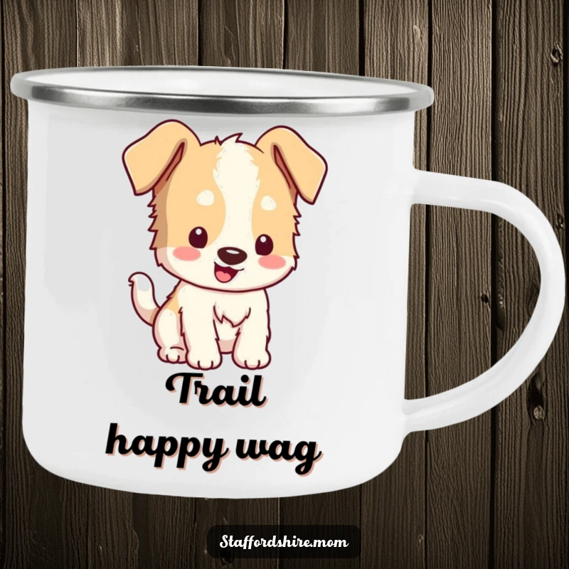 Funny Kawaii Staffordshire Camping Mug: A rugged mug with a floppy-eared dog wagging its tail, perfect for outdoor trips.