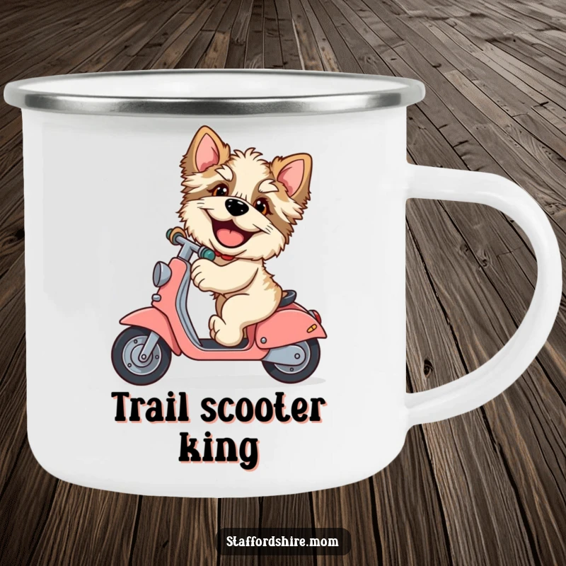 Funny Staffordshire camping mug, giggling dog, riding scooter, large paws, humorous drinkware, outdoor gear, ideal funny gift.