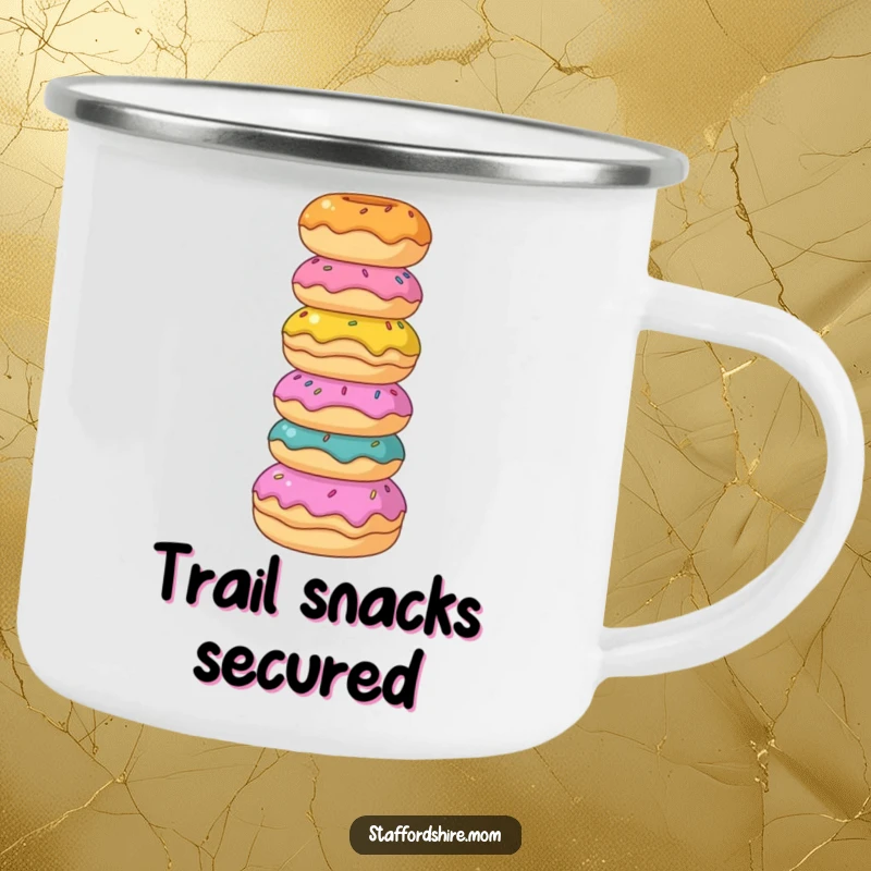 Funny Staffordshire camping mug, a dog balances donuts, bringing sweet vibes to outdoor enjoyment.