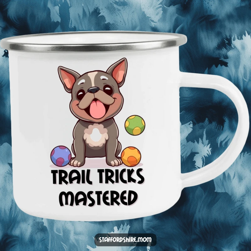 Funny Staffordshire terrier camping mug, a dog juggling balls with amused focus, ideal for outdoors and as a funny gift.