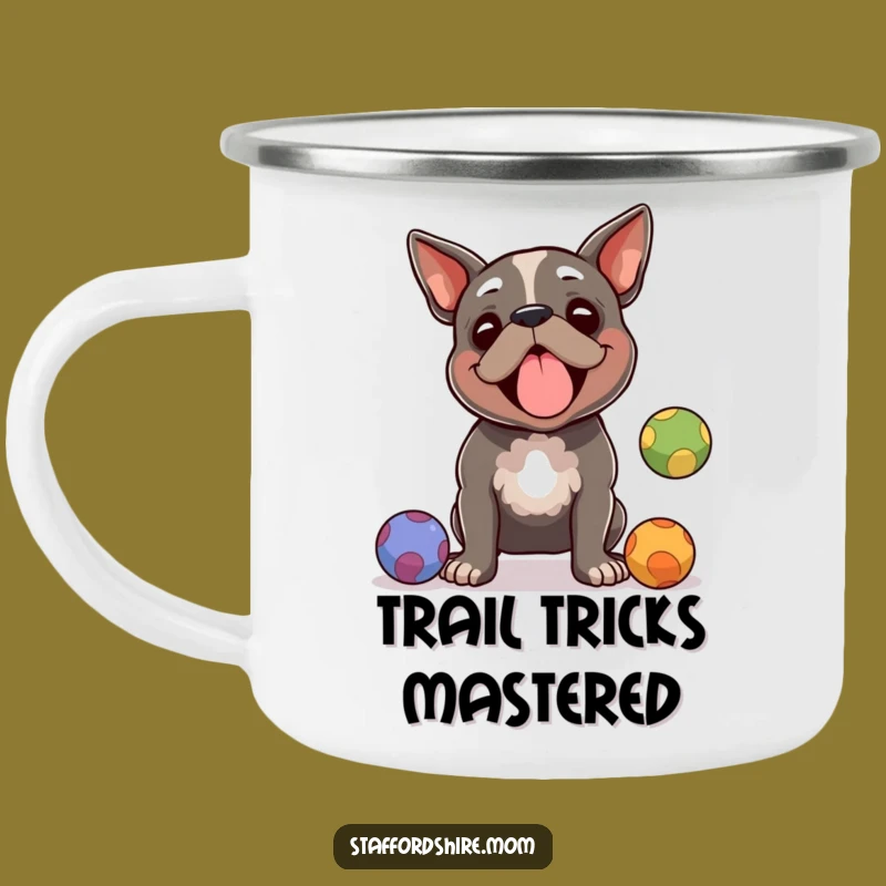 Funny Staffy Juggling Camping Mug: Enjoy Outdoors with a Skilled Dog, Perfect Gift