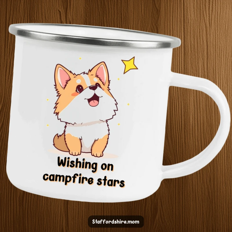Funny Staffordshire camping mug with a dog looking skyward at a shooting star, perfect for outdoor enthusiasts who love wonder.