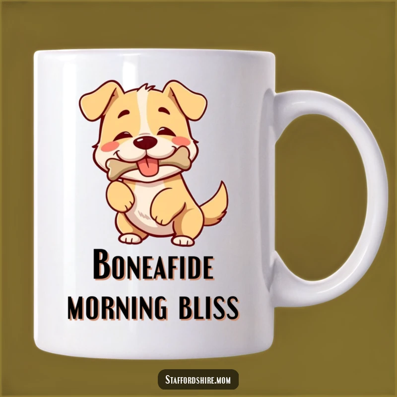 Funny Happy Dog Mug Gift: Broad-chested pup wiggles with joy, bone in mouth, perfect humor.