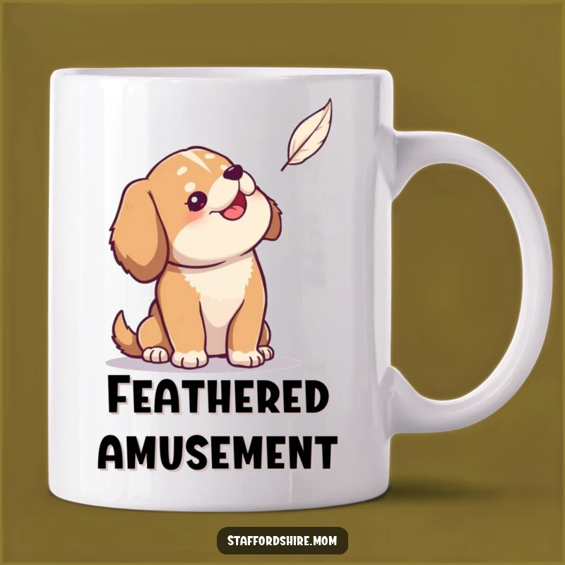 Funny Dog Mug: Solid build pup amused by feather, whimsical and hilarious gift.