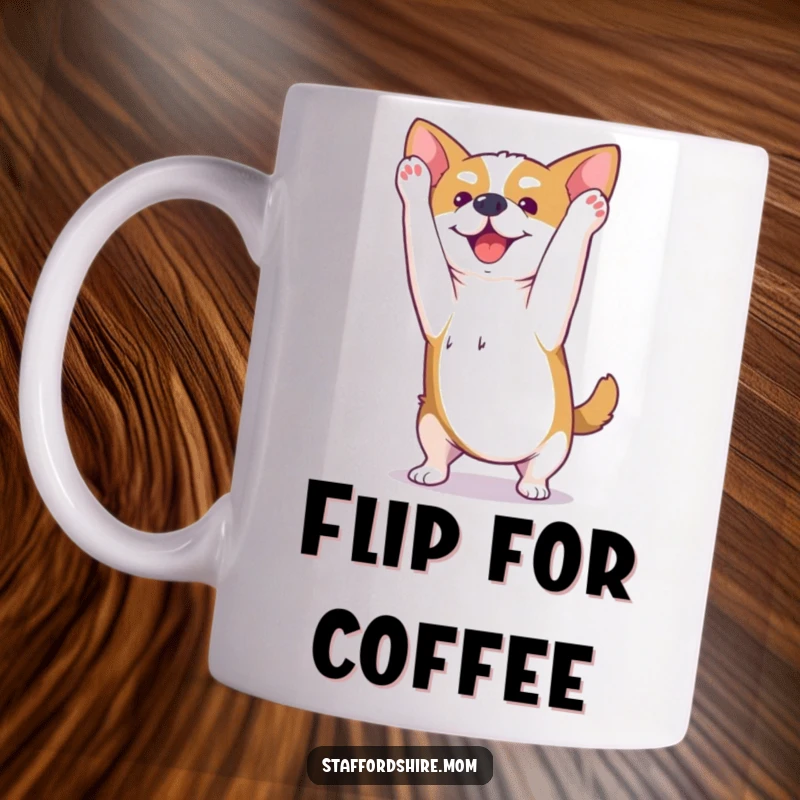 Funny Kawaii Staffordshire dog mug showing a playful pup mid-somersault, captured in a moment of pure, happy energy.
