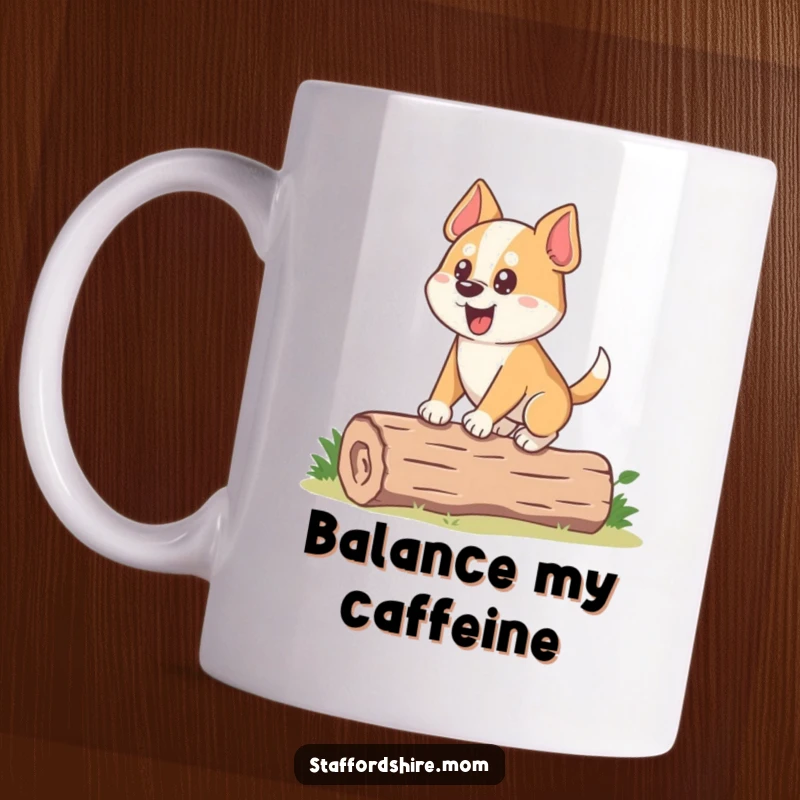 Funny Dog Mug: A stocky dog with an eager expression attempts to balance precariously on a small log, seeking stability.
