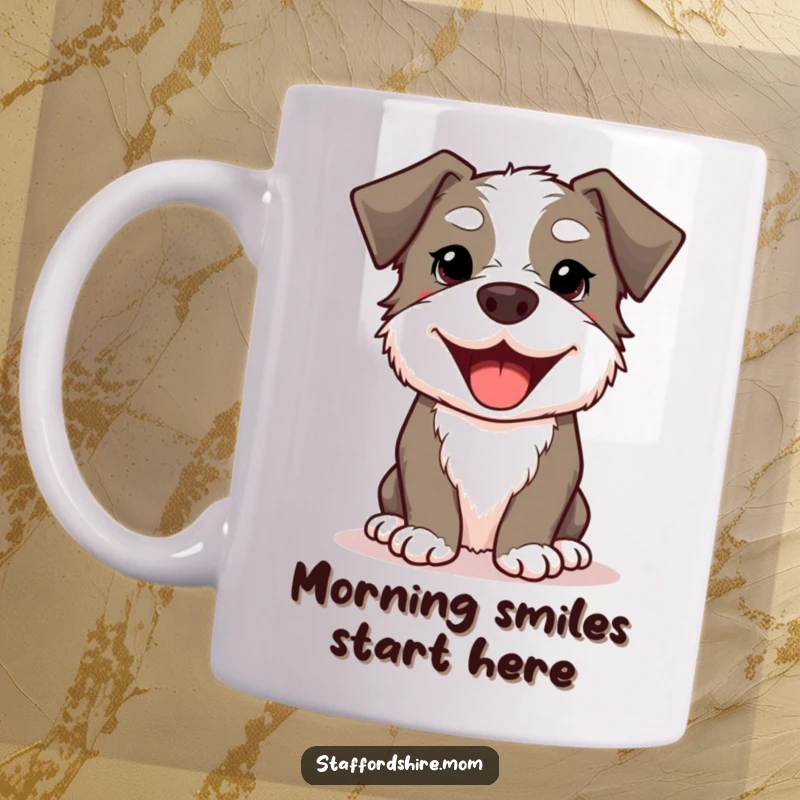 Funny Kawaii Staffordshire Dog Mug featuring a cute, smiling dog with a wide, happy doggy grin, perfect for dog lovers.