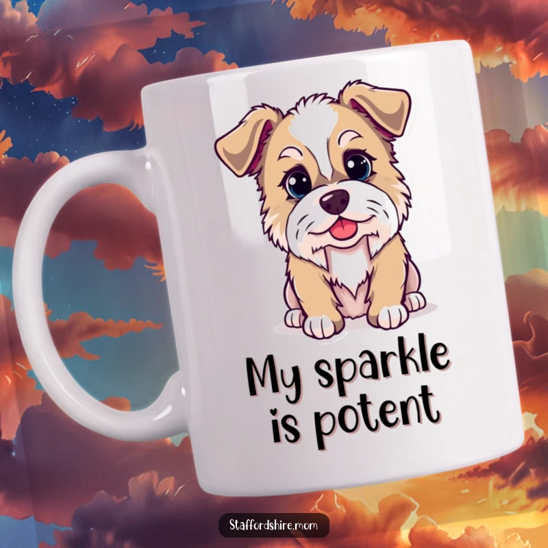 Funny Kawaii Staffordshire dog mug featuring a dog with a mischievous twinkle, perfect for dog lovers seeking a humorous addition.