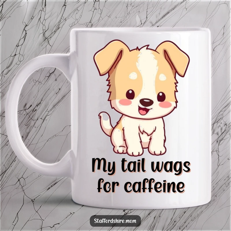 Funny Kawaii Staffordshire Mug: A happy dog with floppy ears joyfully wagging its tail, spreading pure canine delight.