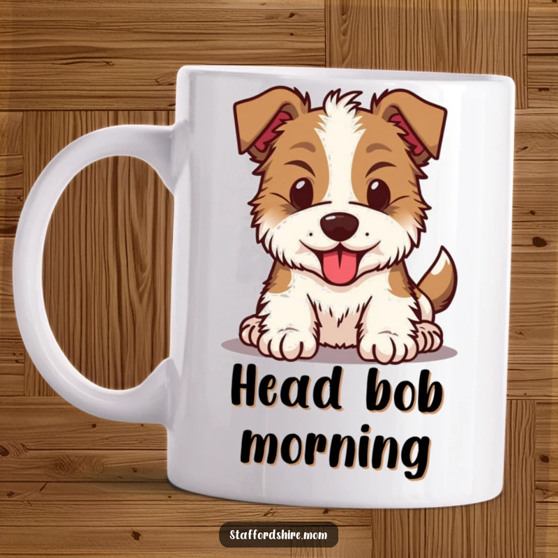 Funny Kawaii Staffordshire dog mug showing an incredibly energetic pup with a constantly bouncing head, full of life and joy.