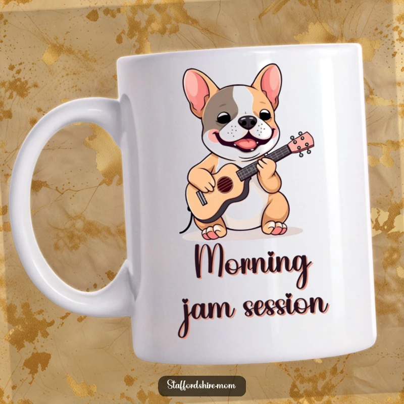 Funny Staffordshire Bull Terrier mug showing a dog playing a miniature instrument with passion and musical flair.
