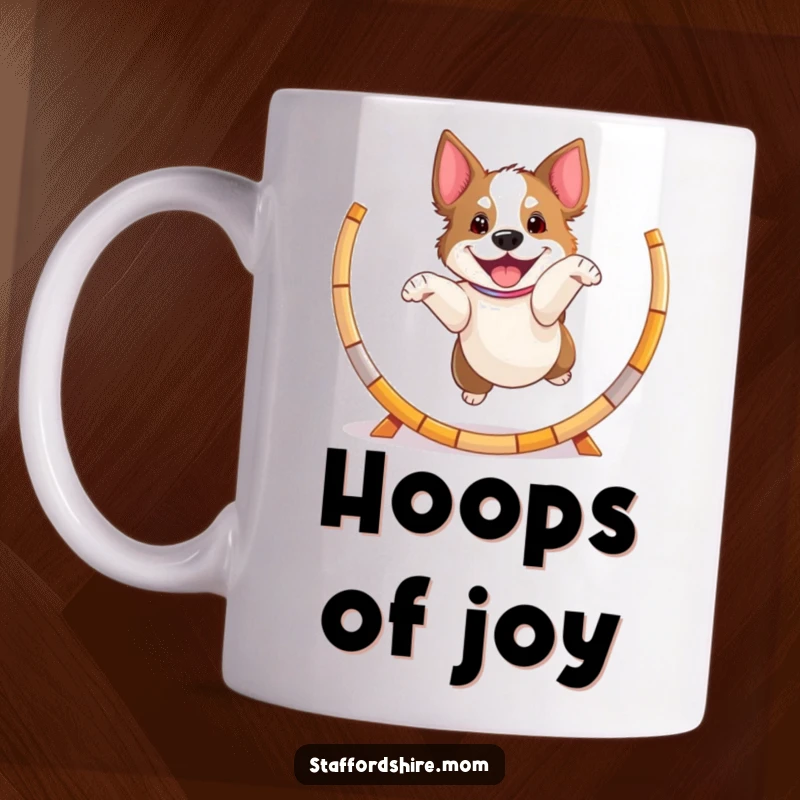 Funny playful Staffordshire dog mug, jumping through a hoop with excitement, symbolizing energy and fun.