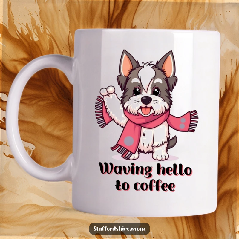 Funny Staffordshire mug showing a dog enthusiastically brandishing a brightly patterned scarf, full of zest and playful energy.