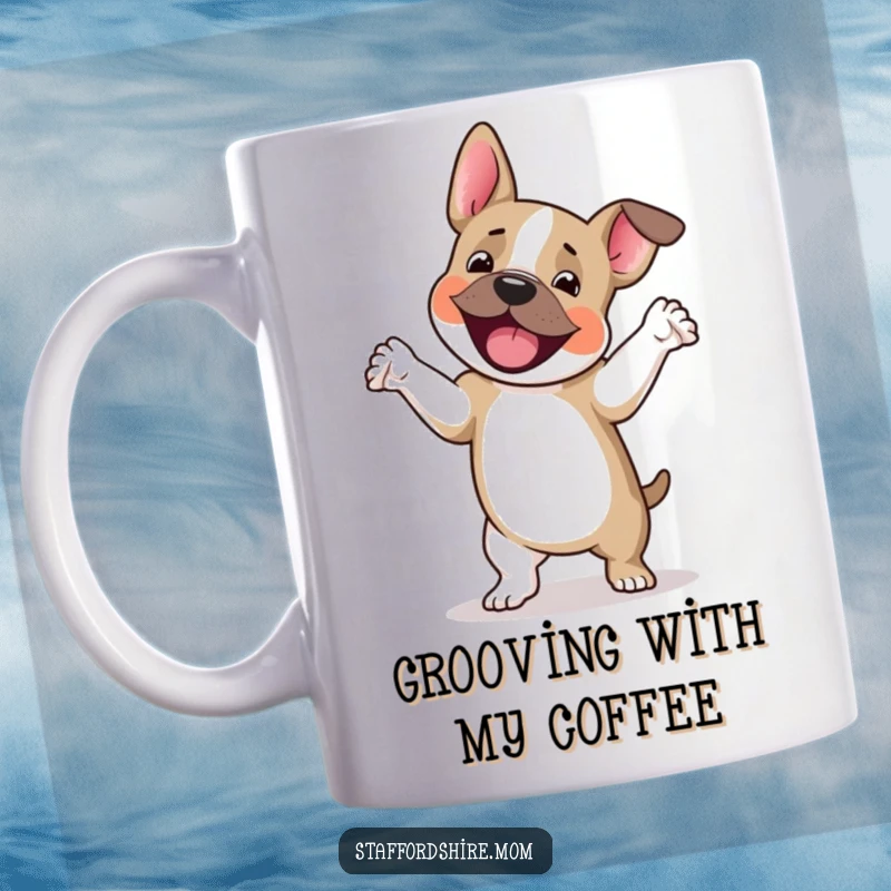 Funny Staffordshire terrier mug, a dog doing a happy little jig with paws lifted, perfect funny gift for dog lovers.