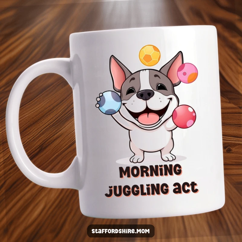 Funny Staffy bull terrier mug featuring a happy, grinning dog attempting to juggle three colorful balls with enthusiasm.