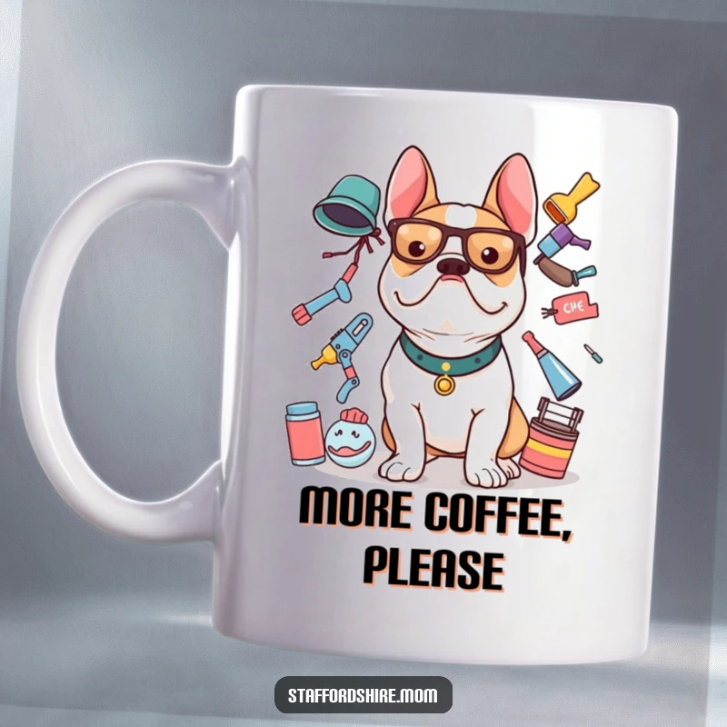 Funny Staffordshire Bull Terrier mug showing a happy dog precariously balancing a stack of various items on its head.