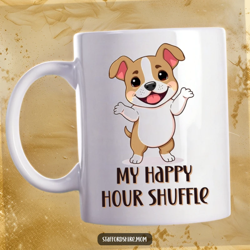 Funny Staffordshire Bull Terrier mug featuring a happy dog dancing energetically with its floppy ears flying in a comical, joyous display.