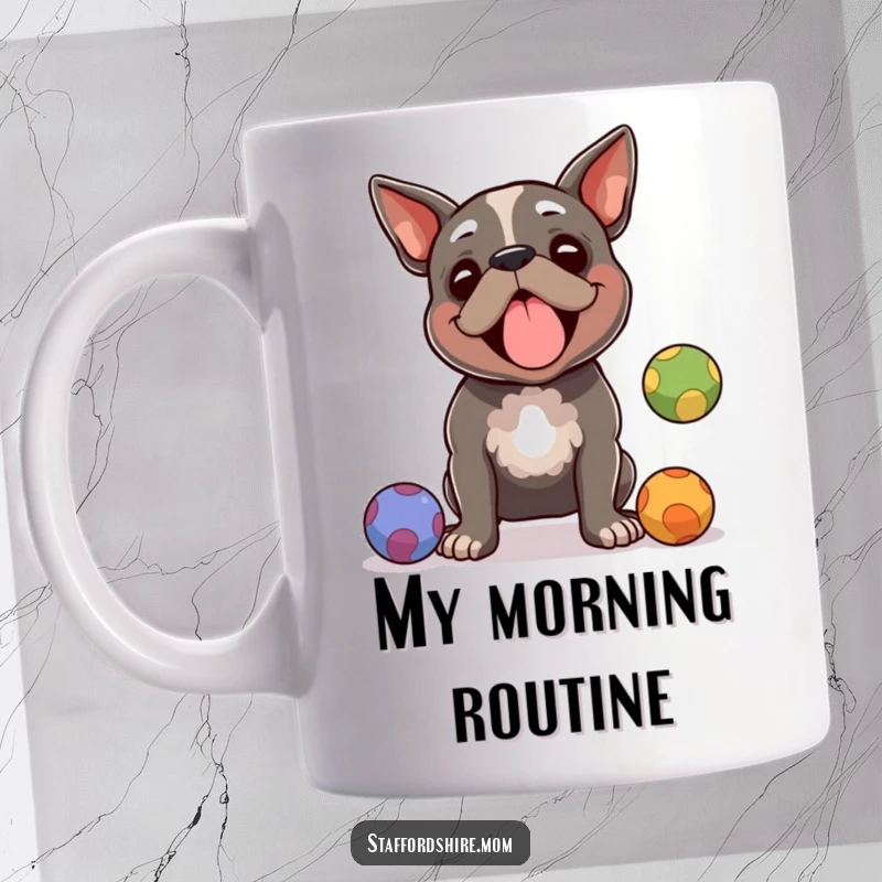 Funny Staffordshire terrier mug, a dog skillfully juggling three colorful balls with focused amusement, perfect funny gift.