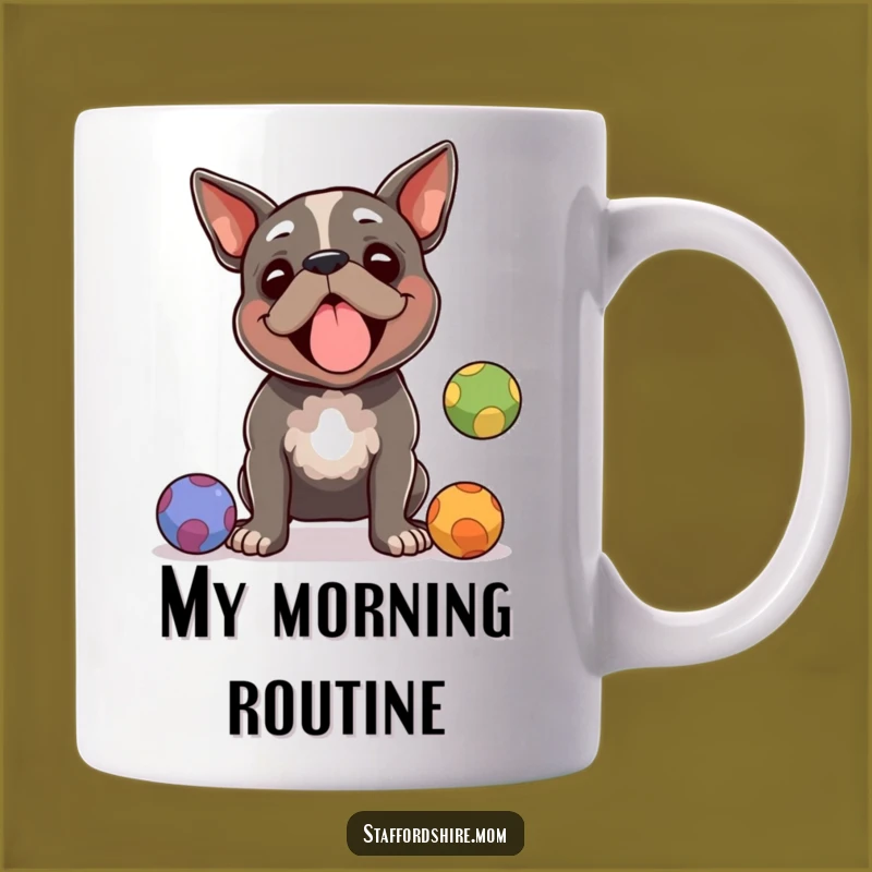 Funny Staffy Juggling Mug: Staffordshire Terrier's Skillful Antics, Perfect Humorous Gift