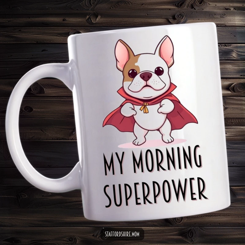 Funny Staffordshire Bull Terrier mug depicting a dog wearing a superhero cape, leaping as if flying, full of courage and comical heroism.