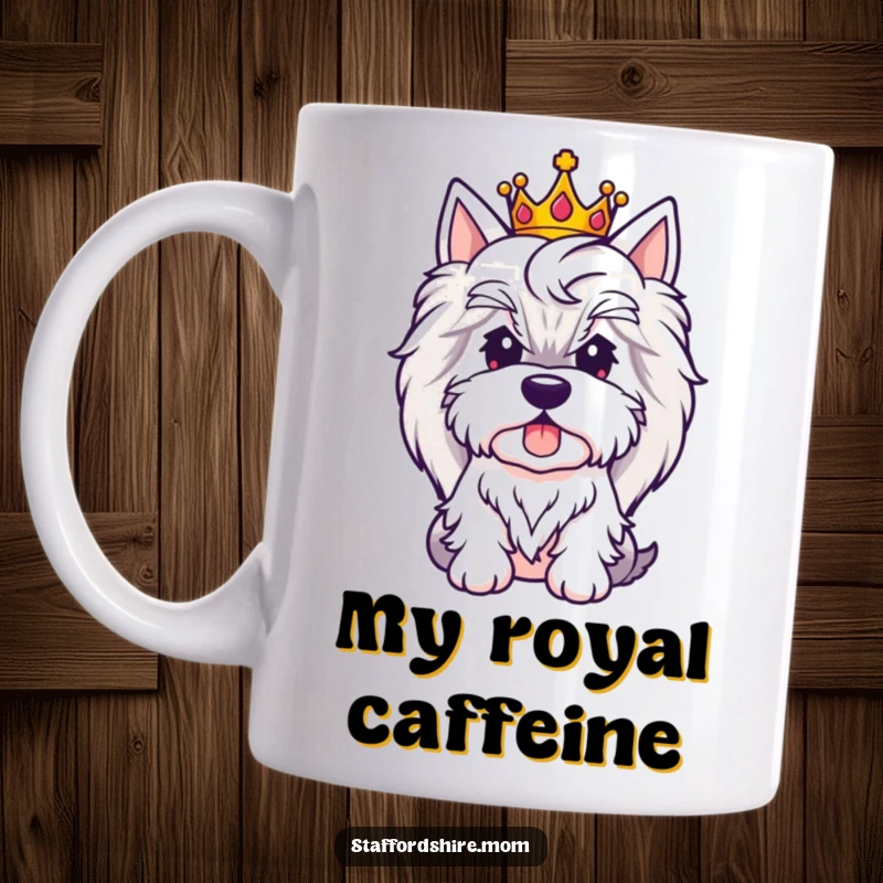Funny Royal Staffordshire Bull Terrier mug featuring a cute dog wearing a small golden crown, looking very regal.