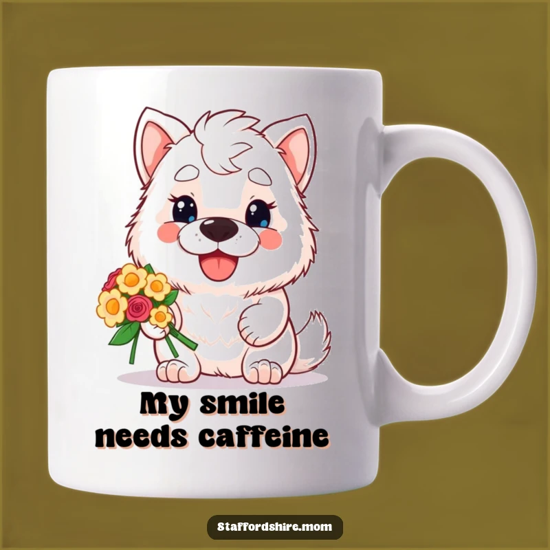 Funny Staffordshire Mug: Adorable Kawaii Dog Giving Flowers, Perfect Gift