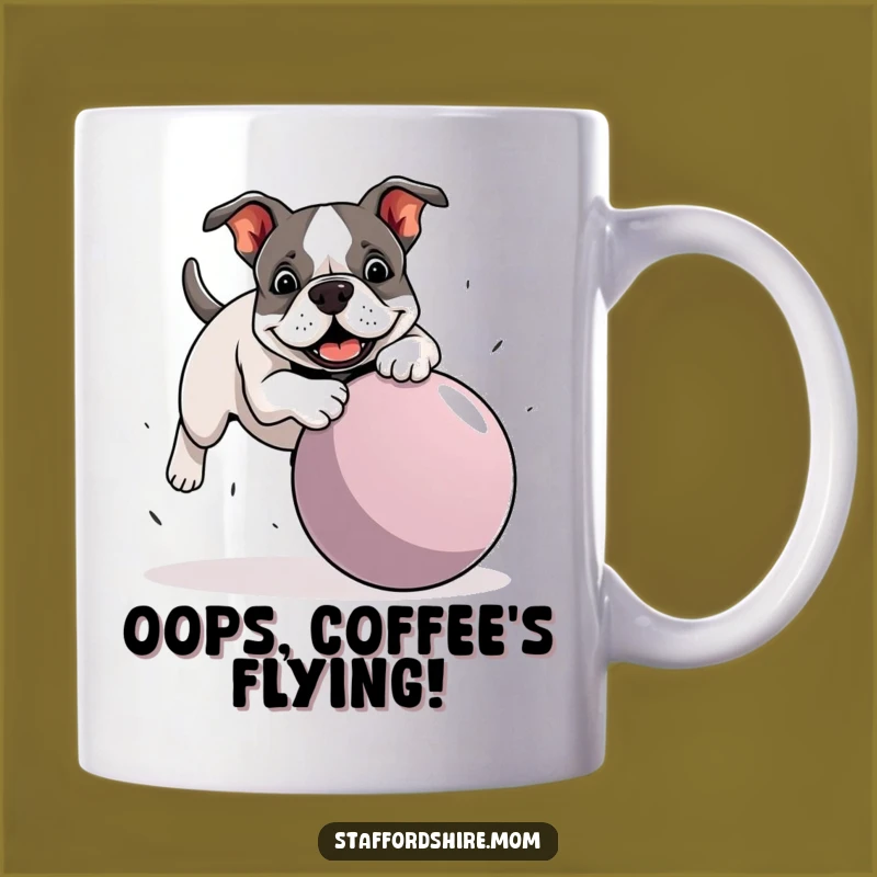 Funny Staffy Ball Trip Mug - Playful Bull Terrier Oopsie Gift