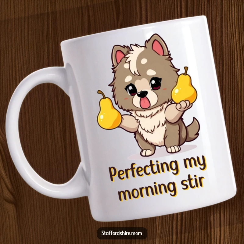 Funny Staffordshire mug showing a determined dog juggling glowing pears, embodying focus and impressive skill.