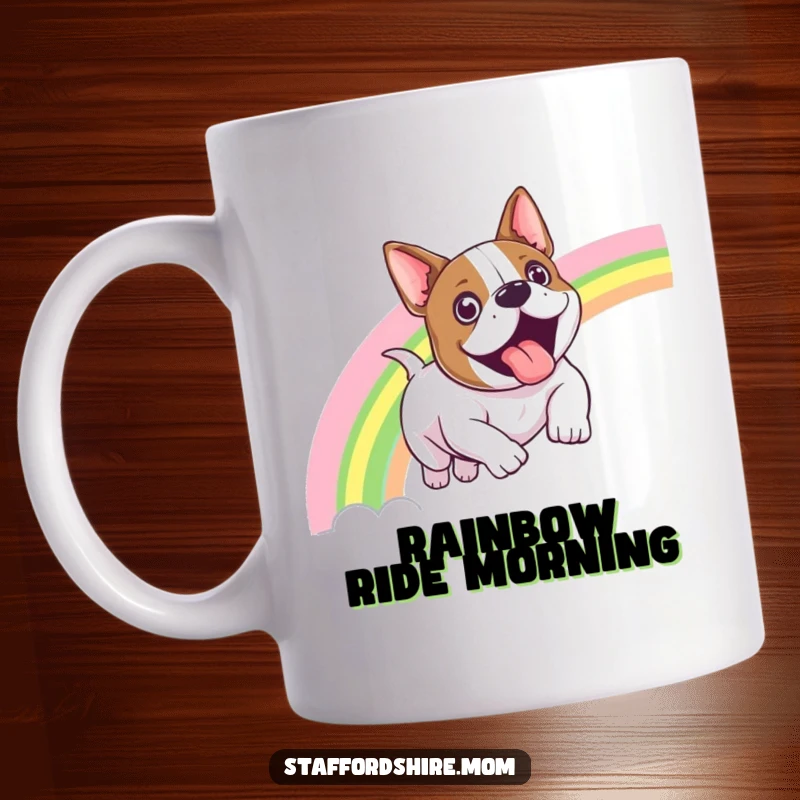 Funny Staffordshire bull terrier mug showing a dog sliding down a vibrant rainbow with an expression of pure exhilaration.