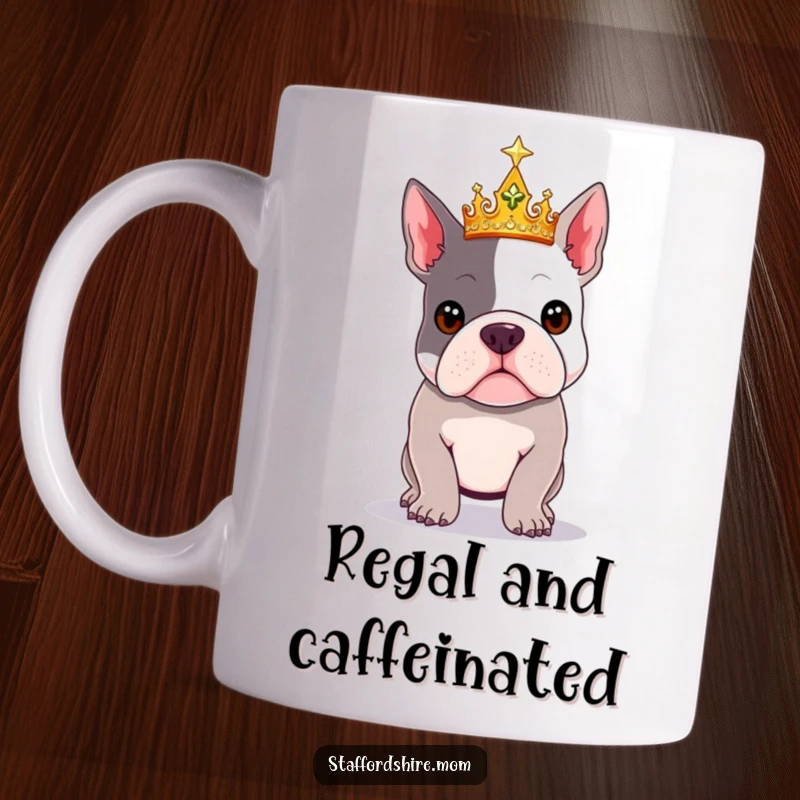 Funny Royal Staffy mug showing a Staffordshire Bull Terrier wearing a sparkly crown and posing dramatically.