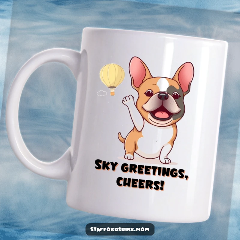 Funny Staffordshire bull terrier mug showing an excited dog energetically waving at a passing hot air balloon.