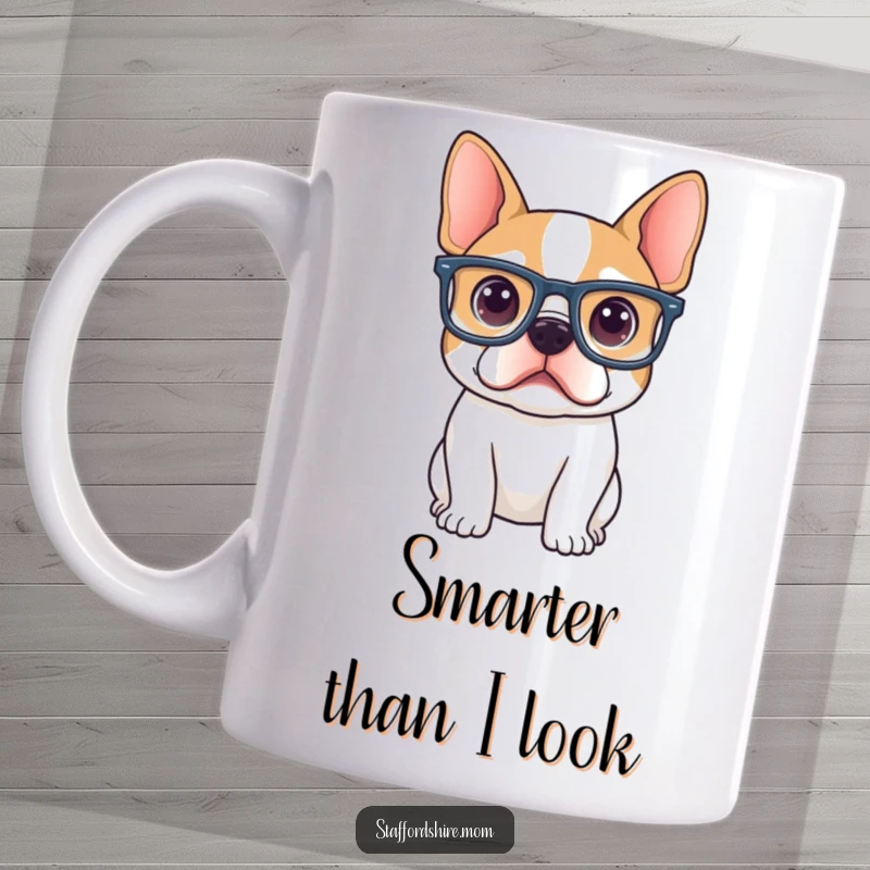 Funny Staffordshire terrier wearing comically oversized glasses, looking inquisitive and curious on this mug.