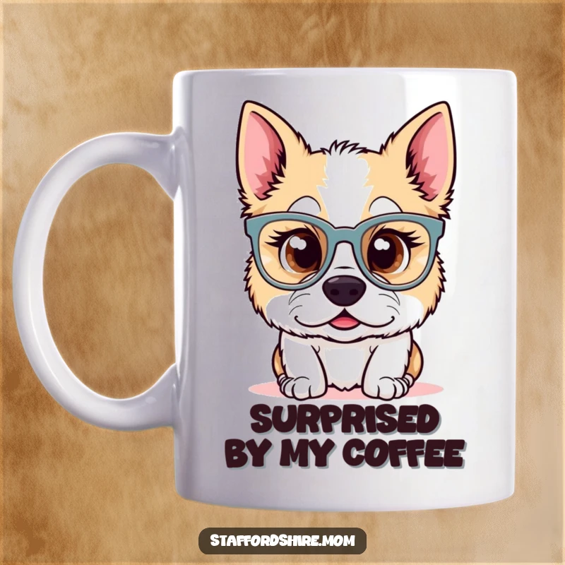 Funny Kawaii Staffordshire dog mug featuring a surprised pup wearing oversized glasses. Adorable and humorous artwork for a delightful funny gift.