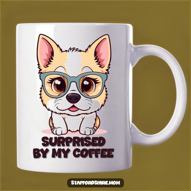 Funny Kawaii Staffy Glasses Mug: Surprised Dog, Perfect Quirky Gift!