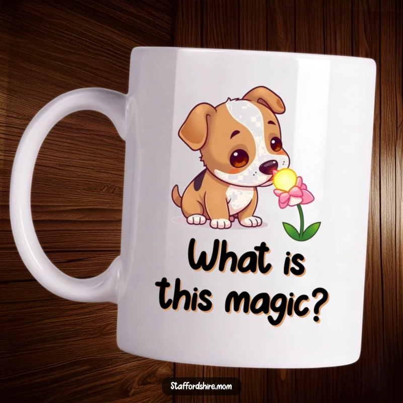 Funny curious Staffordshire dog mug, sniffing a glowing magical flower with intrigue, whimsical pet art.