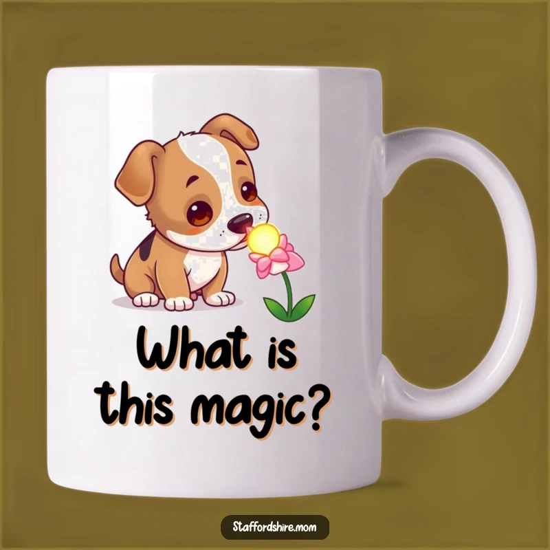 Funny Curious Staffy Mug, Enchanted Dog Sniffing Flower Gift, Whimsical Pet Lover Cup