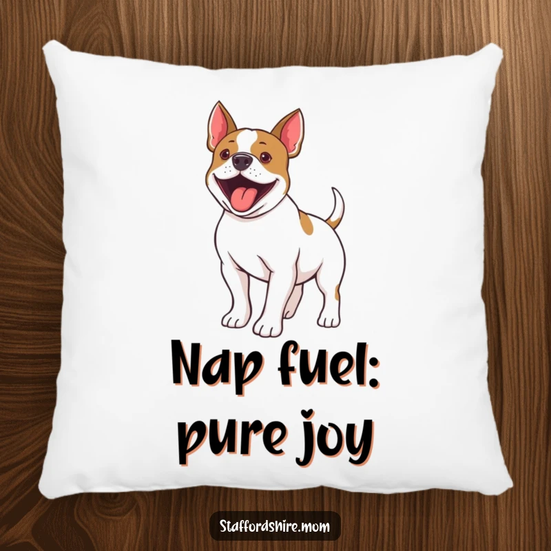 Funny Staffordshire Bull Terrier pillow featuring a plush dog hilariously wiggling its tail, offering comfort and humor.