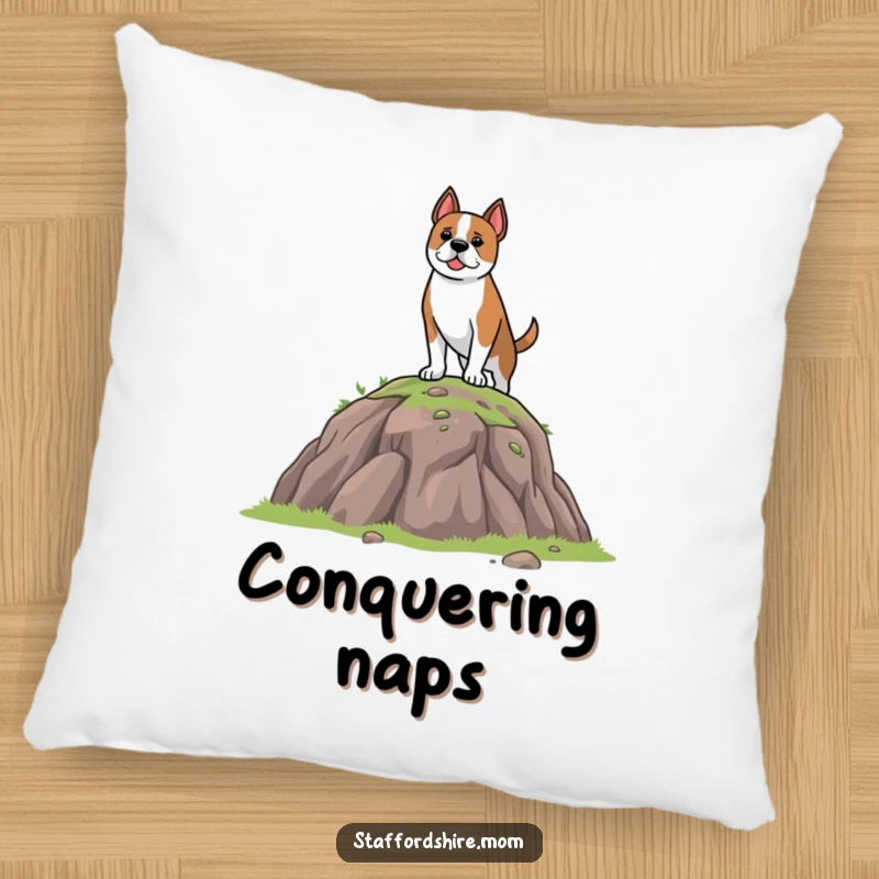 Funny Pillow with a brave Staffordshire dog sitting proudly on a small hill, offering comfort and humorous canine charm.
