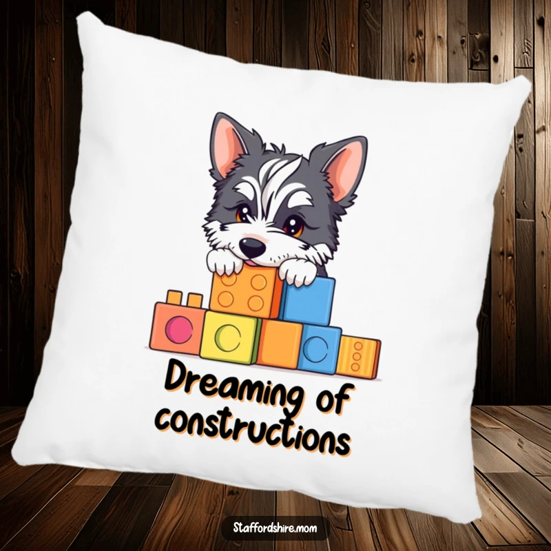 Funny Staffy building blocks pillow with a cute dog peeking over blocks, offering comfort and doggy charm.