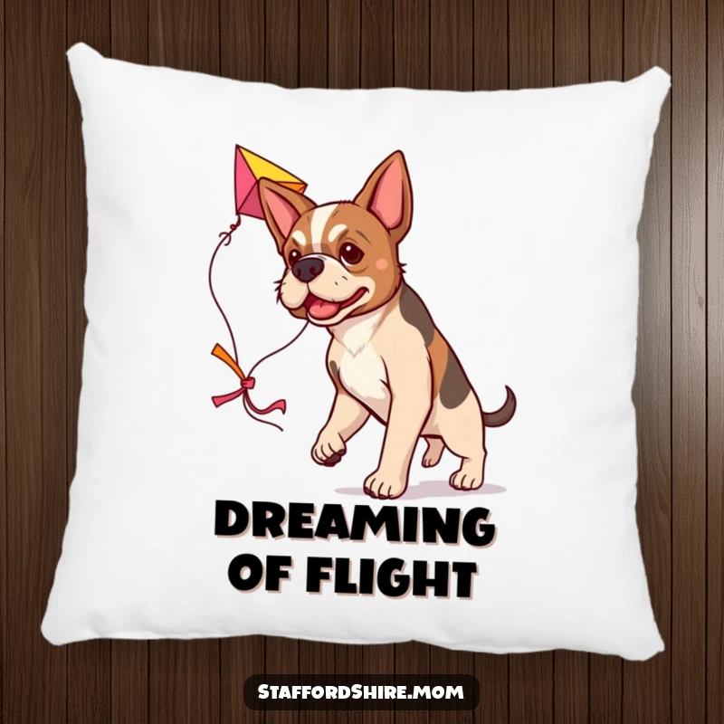Funny determined Staffordshire dog pillow, carrying a large colorful kite, soft and motivational decor.