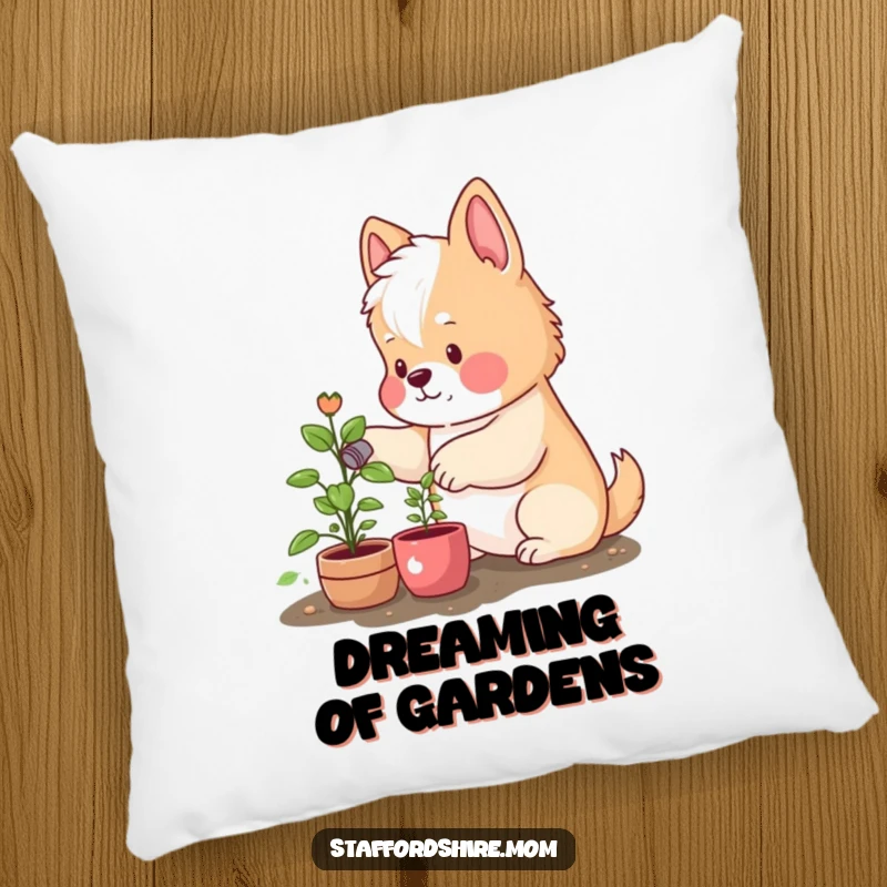 Funny pillow featuring a rosy-cheeked Staffordshire dog contentedly watering a small plant, adding a touch of warmth and nature indoors.