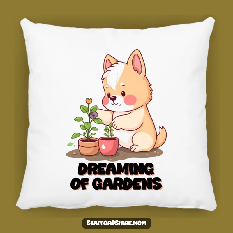 Funny Staffordshire Pillow: Rosy Cheeks Watering Plant, Cozy Decor Gift