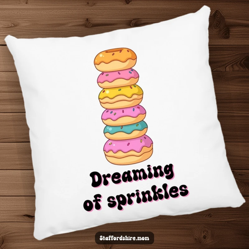 Funny Staffordshire pillow, a dog balances donuts, offering sweet comfort and delightful charm.