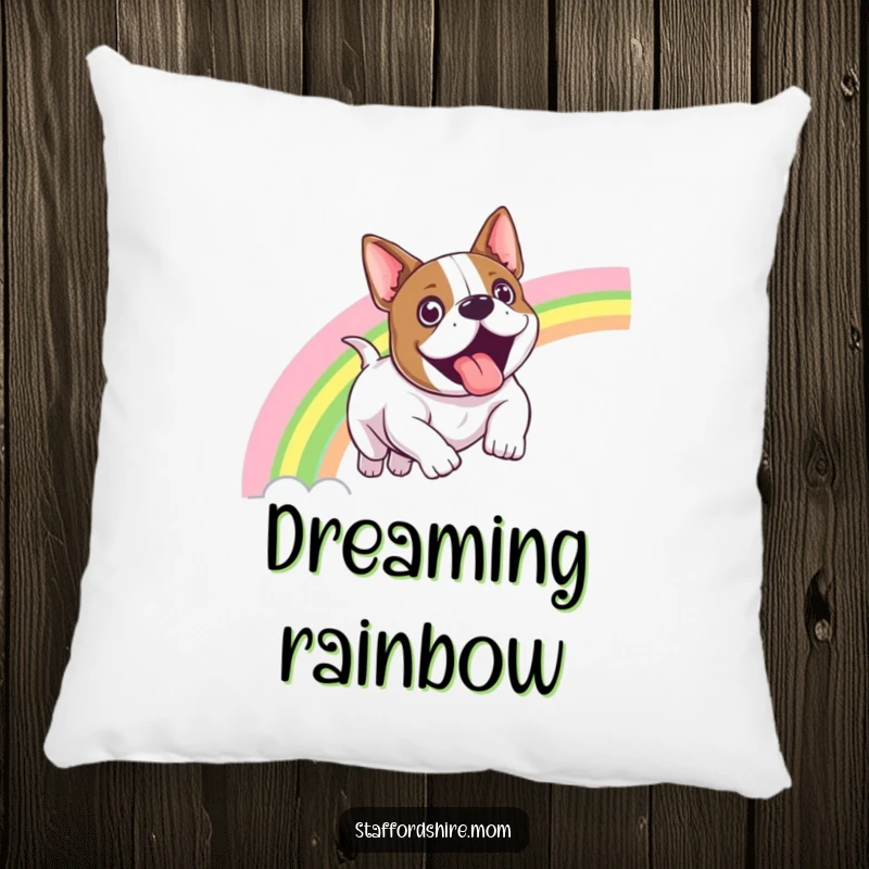 Funny Staffordshire bull terrier pillow featuring a dog sliding down a vibrant rainbow with an expression of pure, unadulterated exhilaration.