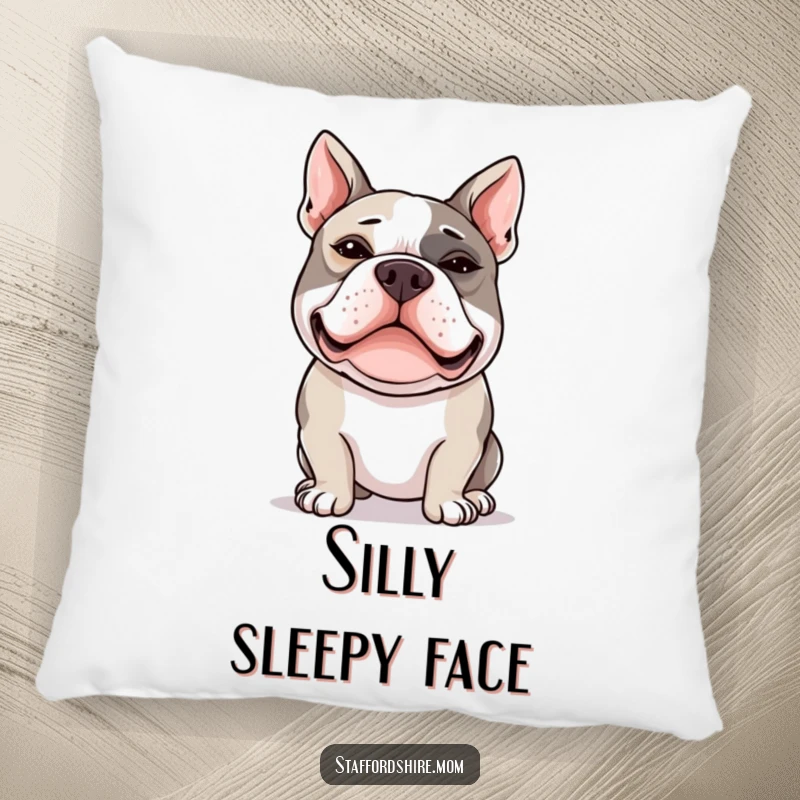 Funny Staffy pillow featuring a Staffordshire Bull Terrier with crossed eyes, adding silly charm.