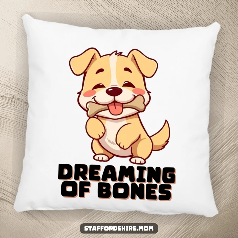 Funny pillow depicting a broad-chested dog wiggling enthusiastically with a bone firmly held in its happy mouth.